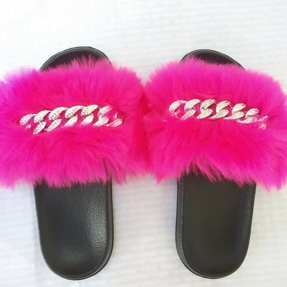 Unbranded Shoes - Fuchsia Faux Fur Slides/Slippers/With Chain